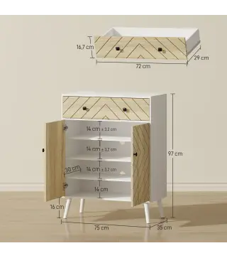 Zapatero Entrada Recibidor con 2 Puertas Estantes Ajustables Cajón para 12 Pares de Zapatos 75x35x97 cm Blanco y Natural