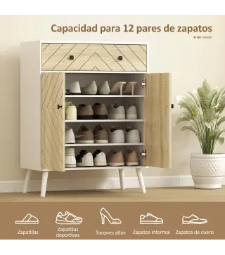 Zapatero Entrada Recibidor con 2 Puertas Estantes Ajustables Cajón para 12 Pares de Zapatos 75x35x97 cm Blanco y Natural