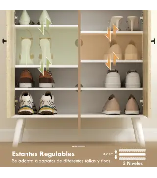 Zapatero Entrada Recibidor con 2 Puertas Estantes Ajustables Cajón para 12 Pares de Zapatos 75x35x97 cm Blanco y Natural