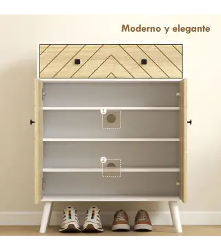 Zapatero Entrada Recibidor con 2 Puertas Estantes Ajustables Cajón para 12 Pares de Zapatos 75x35x97 cm Blanco y Natural