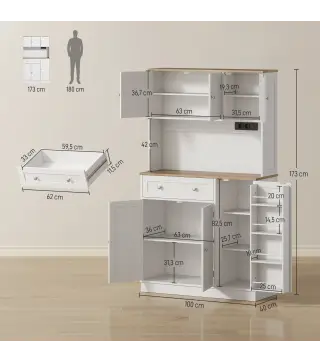 Alacena de Cocina con Estación de Carga 6 Puertas 1 Cajón Estantes Ajustables Encimera Amplio 100x40x173 cm Blanco