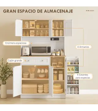 Alacena de Cocina con Estación de Carga 6 Puertas 1 Cajón Estantes Ajustables Encimera Amplio 100x40x173 cm Blanco