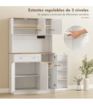 Alacena de Cocina con Estación de Carga 6 Puertas 1 Cajón Estantes Ajustables Encimera Amplio 100x40x173 cm Blanco