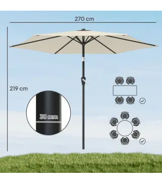 Parasol 270 cm Inclinable con Manivela y Protección UV50+, Blanco Crema