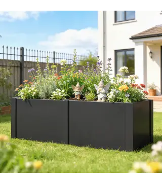 Huerto elevado de acero galvanizado, 150 x 53 x 55 cm, jardinera exterior con separador, Negro