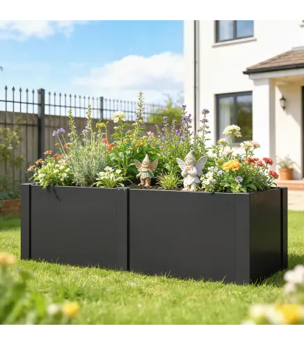 Huerto elevado de acero galvanizado, 150 x 53 x 55 cm, jardinera exterior con separador, Negro