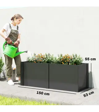 Huerto elevado de acero galvanizado, 150 x 53 x 55 cm, jardinera exterior con separador, Negro