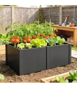 Huerto elevado de acero galvanizado, 150 x 53 x 55 cm, jardinera exterior con separador, Negro