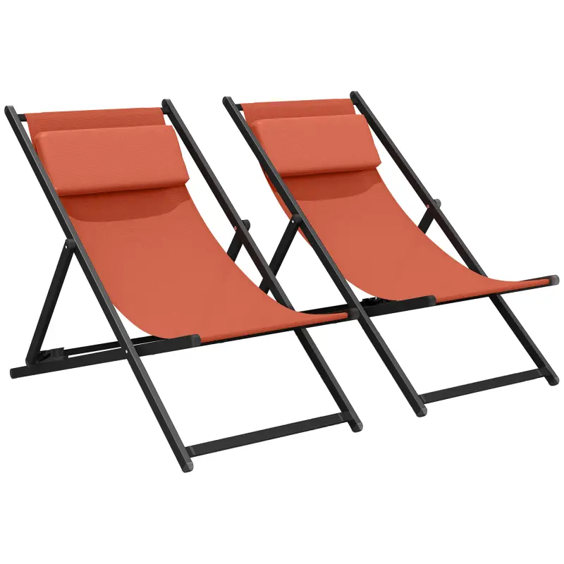 Lote de 2 tumbonas, tumbona plegable con reposacabezas en textilene reclinable 60 x 100 x 85 cm, rojo ladrillo Lote de 2 tumbonas, tumbona plegable con reposacabezas en textilene reclinable 60 x 100 x 85 cm, rojo ladrillo