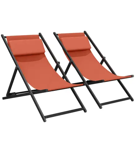 Lote de 2 tumbonas, tumbona plegable con reposacabezas en textilene reclinable 60 x 100 x 85 cm, rojo ladrillo