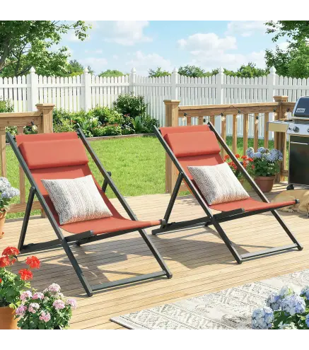 Lote de 2 tumbonas, tumbona plegable con reposacabezas en textilene reclinable 60 x 100 x 85 cm, rojo ladrillo