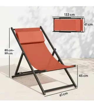 Lote de 2 tumbonas, tumbona plegable con reposacabezas en textilene reclinable 60 x 100 x 85 cm, rojo ladrillo