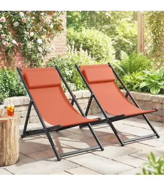 Lote de 2 tumbonas, tumbona plegable con reposacabezas en textilene reclinable 60 x 100 x 85 cm, rojo ladrillo
