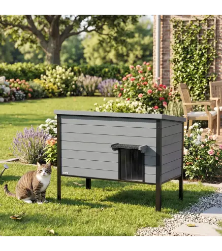 Casa para gatos resistente a la intemperie con techo abatible, suelo extraíble y entrada para 1-2 gatos hasta 12 kg 85x55x70 cm