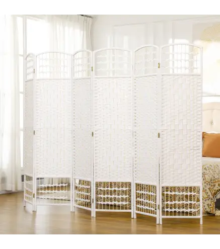 Biombo Separador de Ambientes de 6 Paneles Plegable de Cuerda de Papel 160x170cm Decoración para Dormitorio Blanco