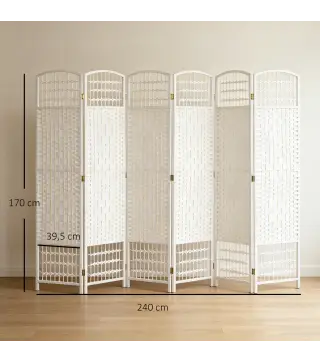 Biombo Separador de Ambientes de 6 Paneles Plegable de Cuerda de Papel 160x170cm Decoración para Dormitorio Blanco