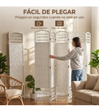 Biombo Separador de Ambientes de 6 Paneles Plegable de Cuerda de Papel 160x170cm Decoración para Dormitorio Blanco
