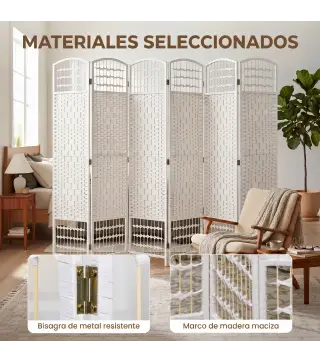 Biombo Separador de Ambientes de 6 Paneles Plegable de Cuerda de Papel 160x170cm Decoración para Dormitorio Blanco