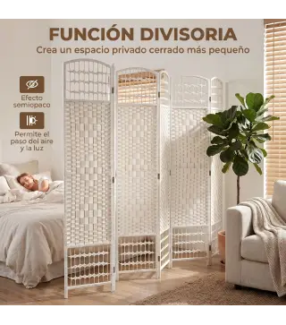 Biombo Separador de Ambientes de 6 Paneles Plegable de Cuerda de Papel 160x170cm Decoración para Dormitorio Blanco