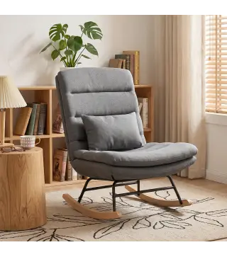 Mecedora Tapizado de Lino con Cojín Lumbar Respaldo Alto Asiento Amplio Doble Capa Gris Claro