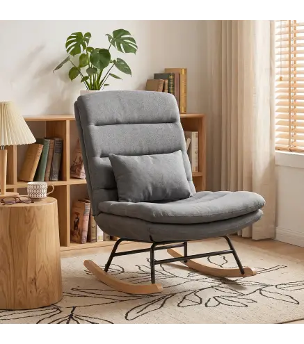 Mecedora Tapizado de Lino con Cojín Lumbar Respaldo Alto Asiento Amplio Doble Capa Gris Claro