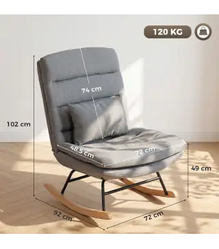 Mecedora Tapizado de Lino con Cojín Lumbar Respaldo Alto Asiento Amplio Doble Capa Gris Claro