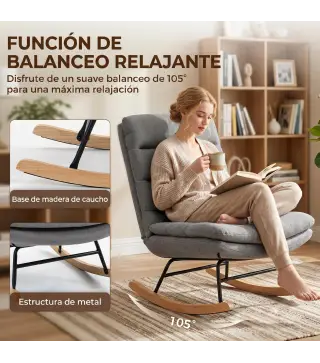 Mecedora Tapizado de Lino con Cojín Lumbar Respaldo Alto Asiento Amplio Doble Capa Gris Claro