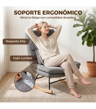 Mecedora Tapizado de Lino con Cojín Lumbar Respaldo Alto Asiento Amplio Doble Capa Gris Claro
