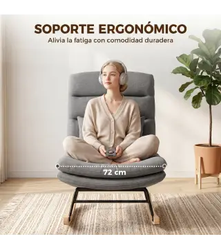 Mecedora Tapizado de Lino con Cojín Lumbar Respaldo Alto Asiento Amplio Doble Capa Gris Claro