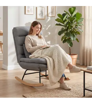 Mecedora Tapizado de Lino con Cojín Lumbar Respaldo Alto Asiento Amplio Doble Capa Gris Claro