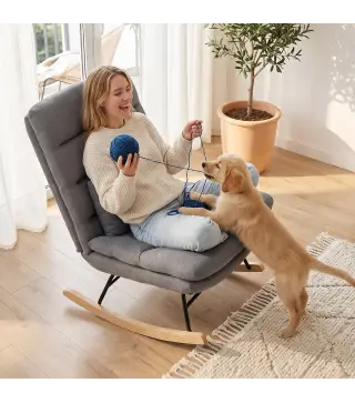 Mecedora Tapizado de Lino con Cojín Lumbar Respaldo Alto Asiento Amplio Doble Capa Gris Claro
