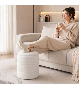 Puff de Almacenaje 33 L de Borreguito con Tapa Reversible Taburete Almacenaje Redondo para Salón Dormitorio Blanco
