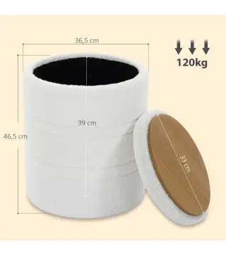 Puff de Almacenaje 33 L de Borreguito con Tapa Reversible Taburete Almacenaje Redondo para Salón Dormitorio Blanco