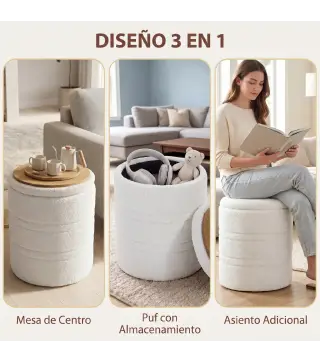 Puff de Almacenaje 33 L de Borreguito con Tapa Reversible Taburete Almacenaje Redondo para Salón Dormitorio Blanco