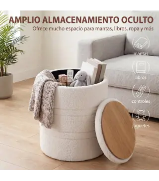 Puff de Almacenaje 33 L de Borreguito con Tapa Reversible Taburete Almacenaje Redondo para Salón Dormitorio Blanco
