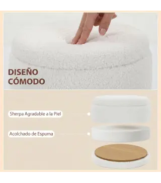 Puff de Almacenaje 33 L de Borreguito con Tapa Reversible Taburete Almacenaje Redondo para Salón Dormitorio Blanco