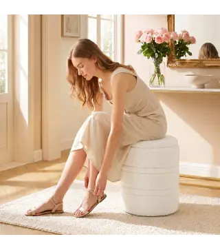 Puff de Almacenaje 33 L de Borreguito con Tapa Reversible Taburete Almacenaje Redondo para Salón Dormitorio Blanco