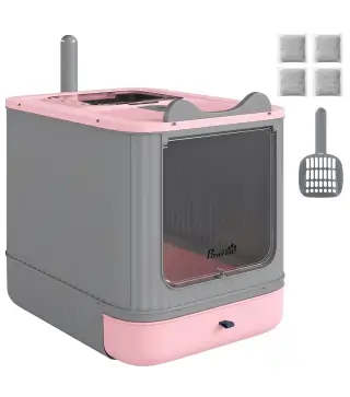 Arenero para Gatos Cubierto M con Tapa Abatible Salida Superior Pala Bolsas Desodorantes Fácil de Limpiar Rosa