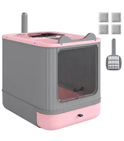 Arenero para Gatos Cubierto M con Tapa Abatible Salida Superior Pala Bolsas Desodorantes Fácil de Limpiar Rosa