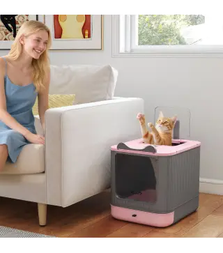 Arenero para Gatos Cubierto M con Tapa Abatible Salida Superior Pala Bolsas Desodorantes Fácil de Limpiar Rosa