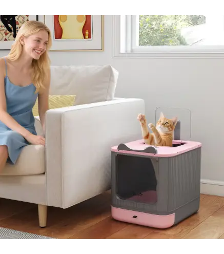 Arenero para Gatos Cubierto M con Tapa Abatible Salida Superior Pala Bolsas Desodorantes Fácil de Limpiar Rosa