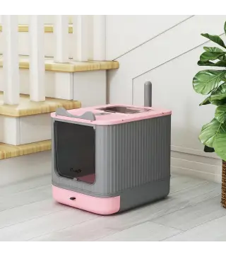 Arenero para Gatos Cubierto M con Tapa Abatible Salida Superior Pala Bolsas Desodorantes Fácil de Limpiar Rosa