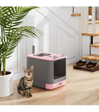 Arenero para Gatos Cubierto M con Tapa Abatible Salida Superior Pala Bolsas Desodorantes Fácil de Limpiar Rosa
