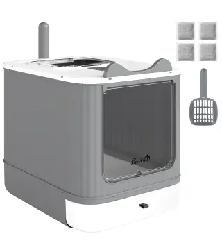 Arenero para Gatos Cubierto M con Tapa Abatible Salida Superior Pala Bolsas Desodorantes Fácil de Limpiar Blanco