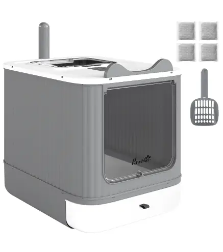Arenero para Gatos Cubierto M con Tapa Abatible Salida Superior Pala Bolsas Desodorantes Fácil de Limpiar Blanco
