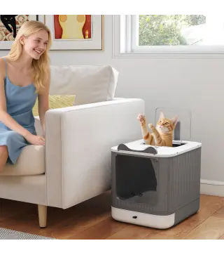Arenero para Gatos Cubierto M con Tapa Abatible Salida Superior Pala Bolsas Desodorantes Fácil de Limpiar Blanco