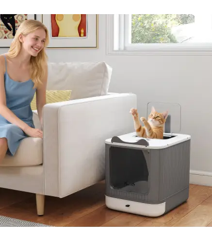 Arenero para Gatos Cubierto M con Tapa Abatible Salida Superior Pala Bolsas Desodorantes Fácil de Limpiar Blanco