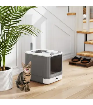 Arenero para Gatos Cubierto M con Tapa Abatible Salida Superior Pala Bolsas Desodorantes Fácil de Limpiar Blanco
