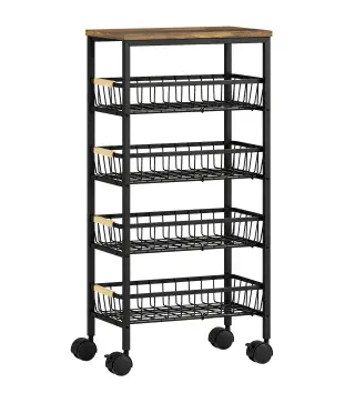 Carrito Auxiliar con Ruedas 4 Cestas Extraíbles Carga 15 kg Marco Metálico para Comedor 40x24x81,5 cm Marrón Rústico