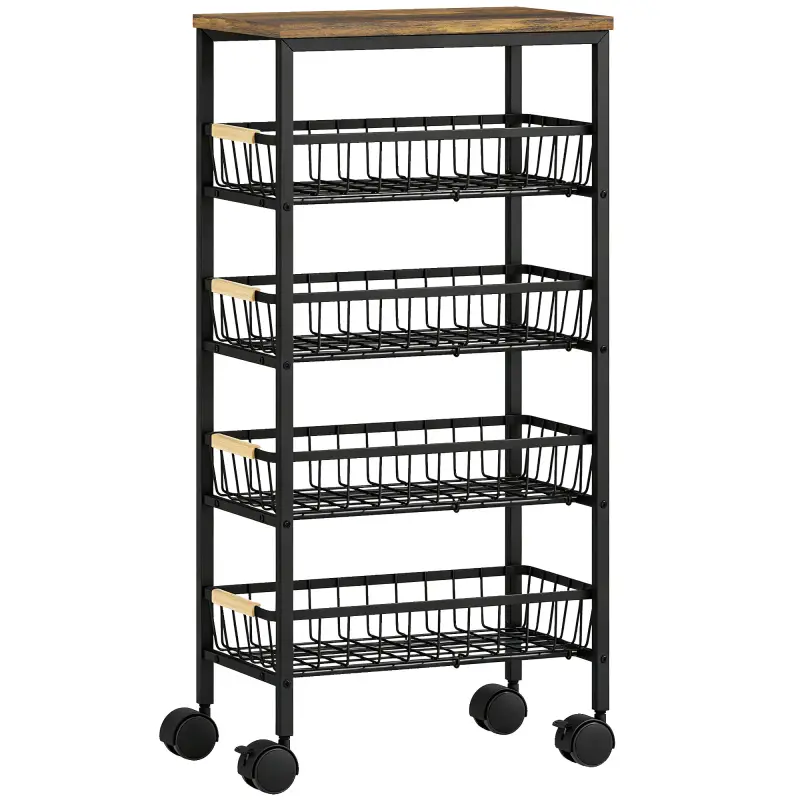 Carrito Auxiliar con Ruedas 4 Cestas Extraíbles Carga 15 kg Marco Metálico para Comedor 40x24x81,5 cm Marrón Rústico Carrito Auxiliar con Ruedas 4 Cestas Extraíbles Carga 15 kg Marco Metálico para Comedor 40x24x81,5 cm Marrón Rústico